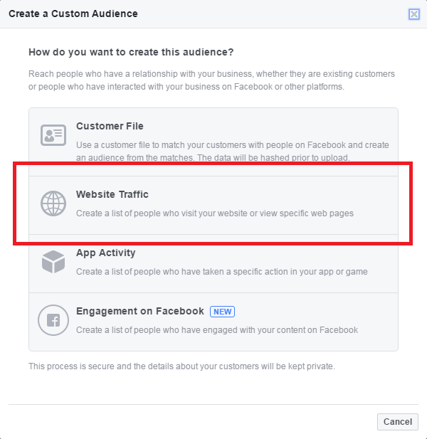 facebook remarketing - create custom audience - website traffic